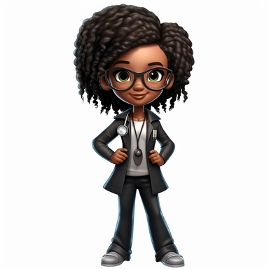 a black chibi girl incarnate in a 3d doctor costume PNG, Black doctor girl png, Afro fashion girl black clipart, Dreadlock black girl png, magic black girl