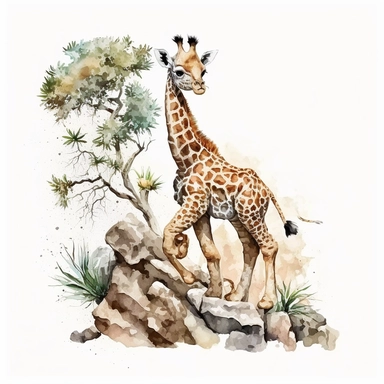 full body portrait of adorable cute tiny happy baby giraffe running playing on safari rocks and trees in backround watercolor childrens Clipart white backround