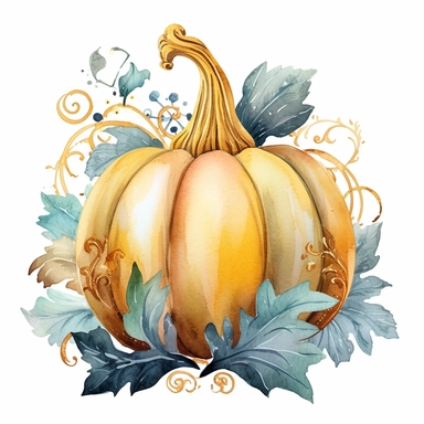 Watercolor pastel velvet boho pumpkin with gold ornate watercolor sitting on pumpkin leaves white background. clipart