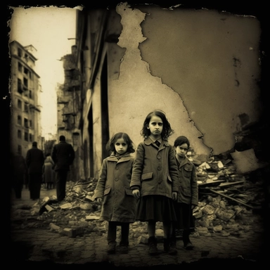 Creative graphic design, design, Small little jewish kids very thin, standing in front of the camera in the back The jewish WW2 the year is 1942, Very thin and poor people walking in the middle of a destroyed street in Warsaw, Huge destruction and devastation, dead people, dark sky, no hope, and the Resurrection, sepia colors, black and white, dark, deep pain, people in tremendous suffering, EPIC, Dark collage, clipart, graphic, illustrations, 16K