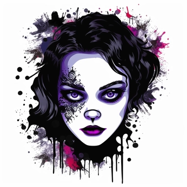 Design a clipart featuring a goth woman with luminous eyes. Make the image visually striking by incorporating bold and vivid colors, while maintaining excellent clarity and detail. The background should be pure white