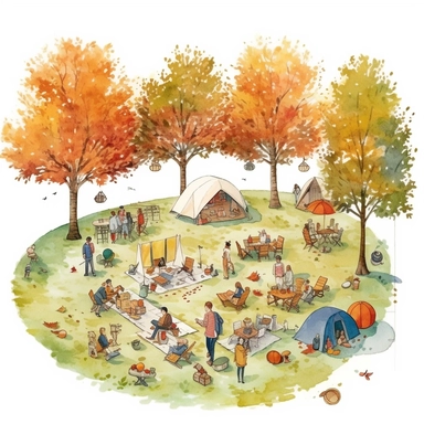 watercolor, hyper realistic, white background, white margins, 16k, ultra detailed clipart, cut out image, hand-drawn cozy park scene, with people picnicking under colorful trees, blankets spread on the grass, and baskets filled with autumn-inspired food and drinks. in the style of pencilsteampunk, delicate watercolor, creative commons attribution, miniaturecore, grocery art, white and amber, website