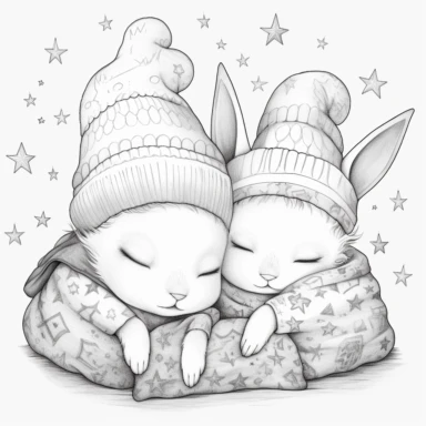 colouring book, black and white, simple art, cute bunnies sleeping on a mega pillow, pyjama hat on, closed eyes, magical tale, for ages 2-6, adorable, bedtime, clipart, no fill, no background