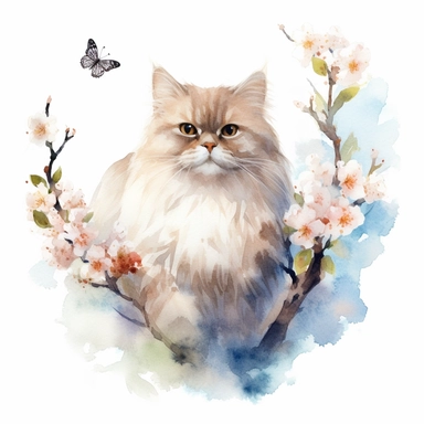 A persian cat sitting proudly on a spring branch, with a few butterflies flying, looking off into the camera, with a few spring leaves framing the scene, watercolor by Liu Yi, clipart, solid background, 8k