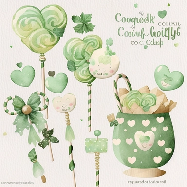 5 st. Patrick candy cliparts with baby props, on paper texture background, simple, cute green colors, boho, baby shower, 8K, high resolution, boho style, watercolor, by chonnieartwork style