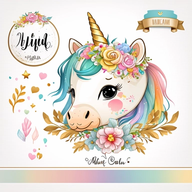 cute unicorn in chibi style with flowers in hair, colourful rainbow colours, well lite, with name plate ribbon with gold trim, watercolor clipart using procreate grain brush, svg white background