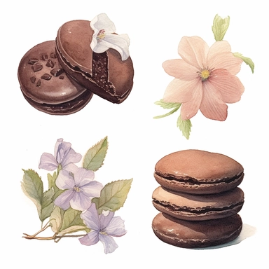 4 watercolor cliparts of neoclassical delicious chocolate cookies with flowers inside and on them, yaka art, Hyperrealistic still life, aurorapunk, 1990s, appropriation artist, hellenistic art