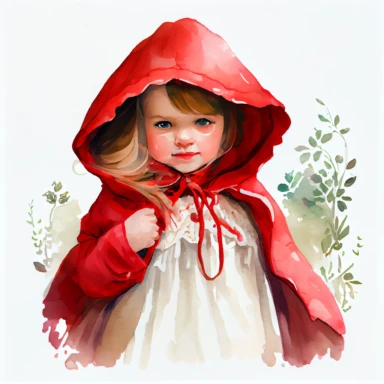 cute Little Red Riding Hood, photorealistic, smiling, charming, storybook style, clipart, watercolor, white background,
