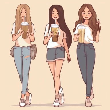 Clipart of three bestfriends, cute, girlfriends, walking side by side, facing backward, each with a different long hairstyle, wearing fitted white tshirts and white sneakers, holding up iced coffees, happy, isolated on a transparent background