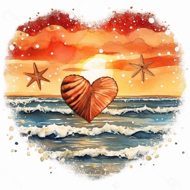 Retro Heart Beach Sunset Watercolor Clipart, Watercolor Beach Sunset in a Heart Shape Clipart, Beach Clipart, sand, starfish, Watercolor Clipart, highly detailed, plain white background 8k