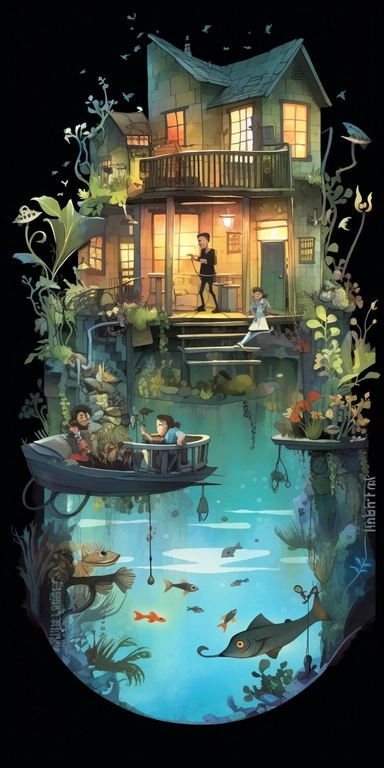 father and son fishing, from multi decker house surrounded by water full of fish, peaceful night theme with its own habitats (flowers and plants) made into a heart-shape vintage in watercolor style clipart, use darker tones, higher saturation colors, Banksy artstyle with minimal effects, super creative watercolor, completely black background