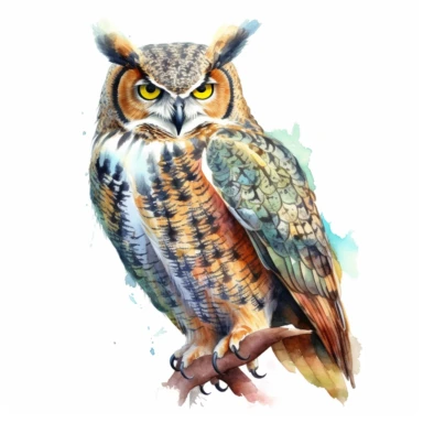 great horned owl, detailed watercolor illustration, clipart, plain isolated white background, 8k ultra detail high sharpness