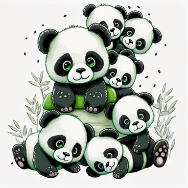 Cute pandas with black fur and white faces climbing on a green onesie clipart white backgroun