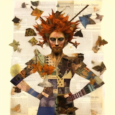 full body character art of a hairy ginger-haired hirsuit satyr one-man-band bard of modest intelligence and eclectic tastes discovers he can fly and is elated, autumnal, psychedelic + in the style of mixed media collage with sharpie & magazine clippings, by Dave McKean & Brom