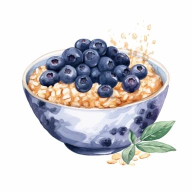 watercolor oatmeal with blueberries on top, clipart, hd, on white background, spaced out