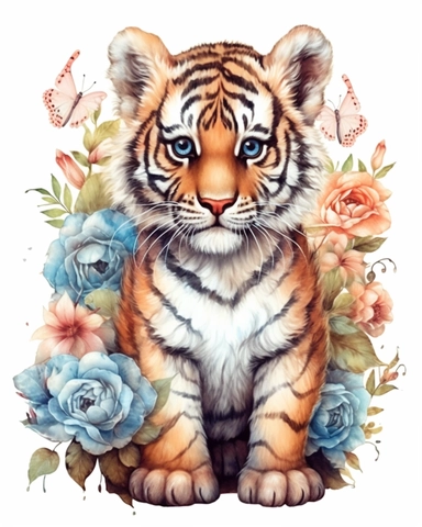 detailed watercolor Baby tiger standing on flowers , hyper realistic, isolated on a white background, clipart