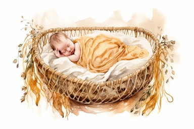 cute watercolor newborn boho woven macrame sleeping baby in cradle, isolated white background, babyshower clipart, 8k, bright beige boho colors