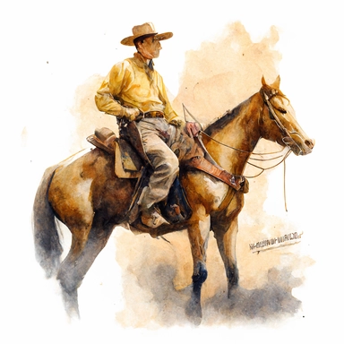 Norman Rockwell watercolour and pencil full body drawing of a cowboy on his horse, working hard, tough face, dynamic pose, beautiful watercolor ink wash coloring, thick pencil lines, watercolor illustrations clipart, watercolor illlustrations, plain white background