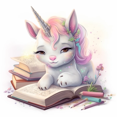 Baby cartoon Unicorn studying for school, highly detailed, anime, adorable, pastel,clipart