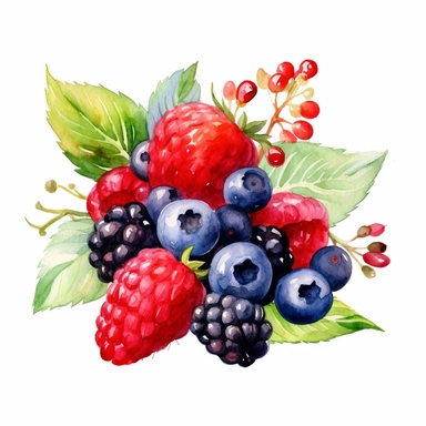 watercolor colorful clipart of a fresh bunch of summer berries, hd, on white background