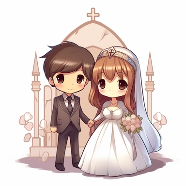 Vector icon, digital art icon, girl and boy wedding, against the background of the church, white background, wise, simple shapes, clipart, anime, chibi, bright colors, superb