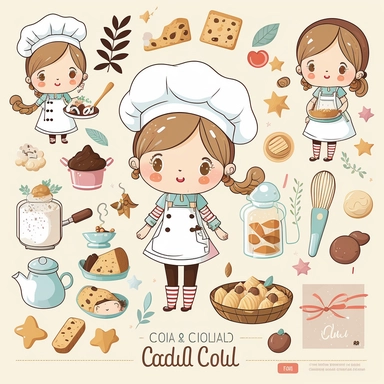 cute cook girl character clipart set