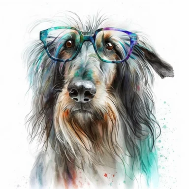 a watercolor painting of a Afghandog Hound COOL with glasses, clipart, white background