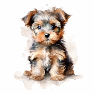 Watercolour cute Yorkshire Terrier puppy sitting, beautiful details, ultra detailed, ultraphoto real intricate detailed, high definition, graphic clipart, hyper realistic,detailed, white background
