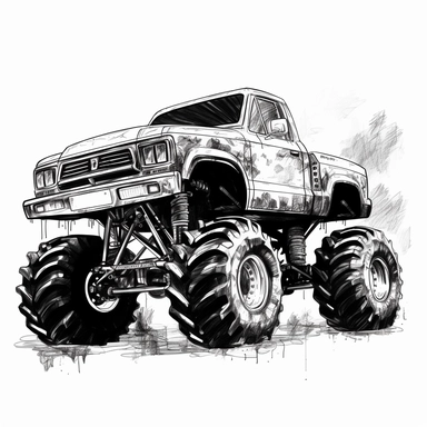 black and white monster truck clipart, 2d vector , sharp resolution, white background