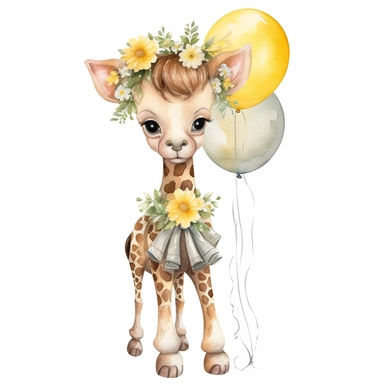 baby giraffe nursery full body watercolor style clipart, happy, with floral crown on head, Disney style, holding beige balloons