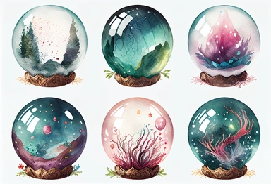 6 magical crystal ball, clipart, water color, deep colours, white background, knolling, border, watercolour illustration style, dreamy, 8k, intricate, illustration, detailed , 8k, png
