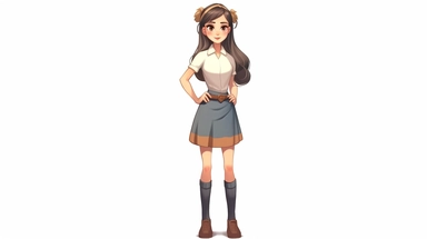 front view of an animated pretty girl standing, wearing shirt and skirt character design, full body, drawing face with maximum quality, 4K, high quality drawing of face, clipart, full illustration, sharp, focus, smooth soft skin, symmetrical, detailed face, concept art, fairy tale style, vey beautiful, 3D, octane rendering, 3D, perfect face, detailed face, perfect sharp lips, delicate face, detailed eyes