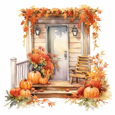 vector watercolor cute Fall Autumn vintage Autumn porch with fall autumn flowers and applesdecor clipart on white background, fall, vintage holiday autumn porch, red gold and orange color scheme, photorealistic, ultrarealistic, no background, on whi