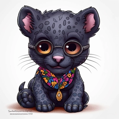 kawaii adorable black panther wearing cute glasses, nursery art, clipart image, line art image, white background, inspired by yoshitaka amano art, very detailed, 8k