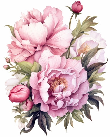 vibrant watercolor big pink peony boquet, realistic, clipart