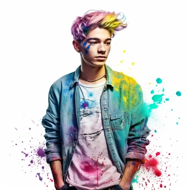 idyllic young man multicolor hair, fashion model, looking in the camera, eye contact, full body, fairytale dreamlike, clipart with watercolor splash background, with transparent background, hyper realistic, professional photography, super detailed