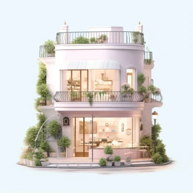 Lovely pink French cafe with a vintage - inspired charm. The exterior is adorned with pink floral accents and classic French signage. Inside, the cafe offers a cozy and nostalgic ambiance. Clipart, solid white background, Ultra - detailed, hyper - realistic, intricate detail