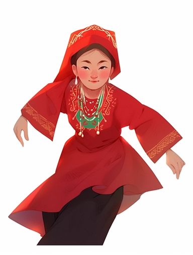 Illustrated character set, A girl wearing a red Uyghur costume dances, front view, paint art style, different poses, detail, clipart, white background, superrealistic, one of a kind