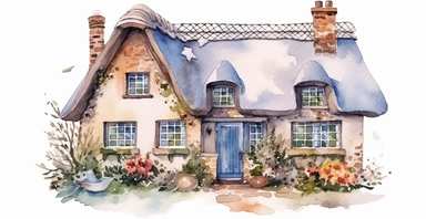 Cute English Cottage, snowy, watercolor clipart