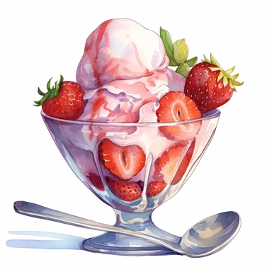 Strawberry icecream in Glass Bowl,watercolor clipart