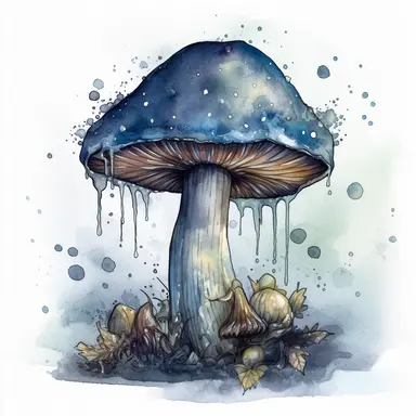 clipart on a solid white background of A mushroom with a trail of glitter following behind it, depicted in a fantastical watercolour style inspired by the art of Arthur Rackham. The mushroom is dark and mysterious, with intricate details on the cap and stem. A trail of glitter follows behind it, shimmering in the moonlight. The overall color temperature is cool and eerie, with deep shades of blue and purple creating a sense of otherworldliness. The scene is tinged with magic and mystery, as if a