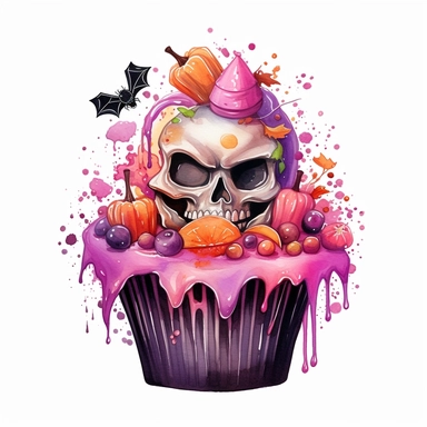 delicious Halloween cupcake with vibrant pink, black, colours, witches hats, skulls, spiders and bats, pumpkins and candy confetti, owatercolour illustration clipart, extremely detailed, 4k, high quality, isolated on white background