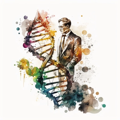 DISCOVERY OF DNA STRUCTURE in 1953, in watercolor style clipart, darker tones, high contrast, white background