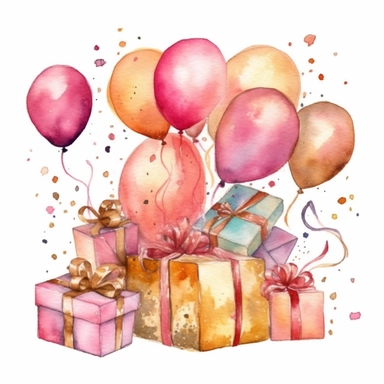Watercolor Birthday Party presents and balloons, Clipart, pink and gold theme
