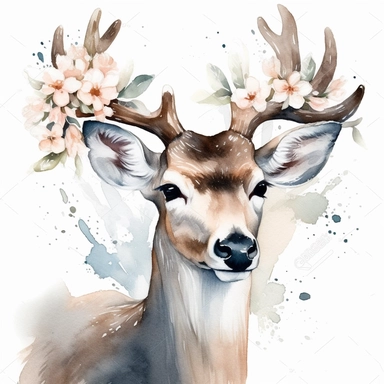 Deer portrait, white magnolia flowers on a large antler, watercolor, clipart, illustration no background