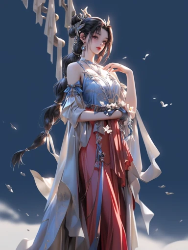 3d artist, 3d model, whole-length,epic ink - curved shot,in the style of realistic and hyper-detailed renderings,1girl, solo, looking up, sideways, delicate face,art by Mianlang,watercolor painting,exquisite decorations,upper body, clothes flying, hair flying, petals flying, black hair, dress, hair accessories, Hanfu, pink dress, long hair, long sleeves, flowers, jewelry, tassels, strapless , sleeves, wide sleeves, Hanfu, red eyes, red lips, flowers, hair clips, hair bands, forehead prints, porc