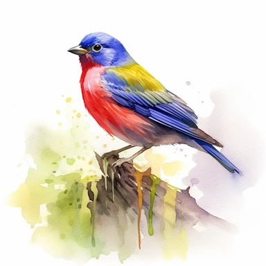 Painted bunting. use a combination of vibrant colors and subtle variations in color to capture the freshness and vitality of the scene. Let the transparent and flowing nature of watercolors add a sense of lightness and movement to the painting, clipart, plain isolated white background, 8k ultra detail high sharpness