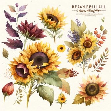 A collection of fall sunflower floral bouquets, painted in watercolor style, with delicate strokes and vibrant colors. The bouquets consist of various sunflower sizes and types, as well as other autumnal elements like leaves, berries, and branches. The clipart conveys a sense of coziness, warmth, and harmony. A digital artwork suitable for print or web design,