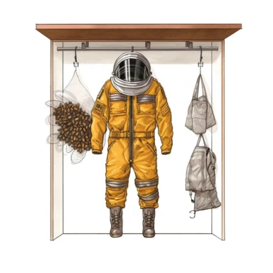 A detailed drawing of a beekeeper's suit, highlighting the protective layers, mesh veil, and gloves, hanging on a hook near a beehive, ready for use. (Digital drawing clipart, image black border color, full body, flat texture, transparent background)