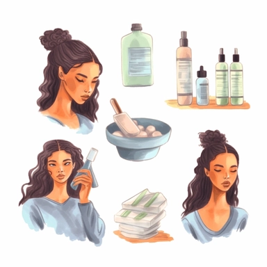 watercolor, women applying to cleanse and moisturize face skincare products at home. Everyday skincare routine with cleanser and moisturizer. png Full body realistic cartoon in 32K UHD cute. 15 cm thick outline. Black color. There was no shadow on the ground. 8k with realistic watercolors and detailed illustrations. PNG clipart, transparent white background